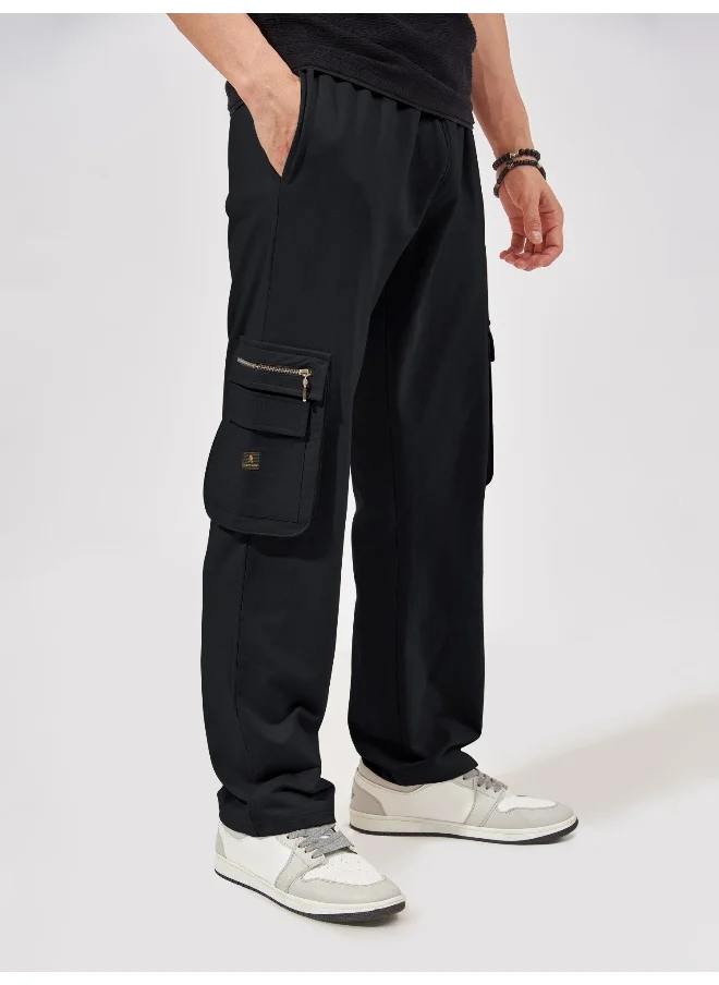 Maniac Mens Solid Black Oversized Cotton Cargo Pant