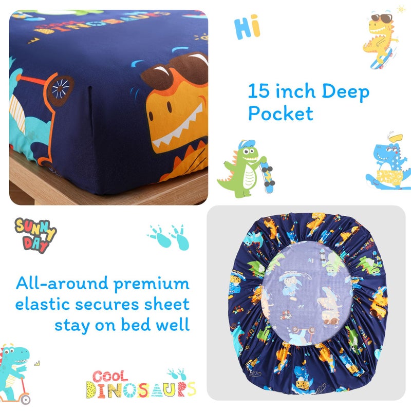 جي اس دي ورقة JSD Sports Dinosaur Kids مجموعة كاملة الحجم 4 قطعة أوراق ميكروفيات الطباعة الأزرق الجيب العميق - Image 3