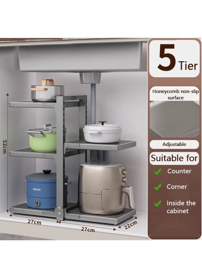 BLOOMING TIME Kitchen Multi-Layer Cookware Storage Rack, Under-Sink Storage and Organizer Rack, Space-Saving, Detachable Shelves, Classified Storage, 3+2 Cookware Storage Rack - Image 5