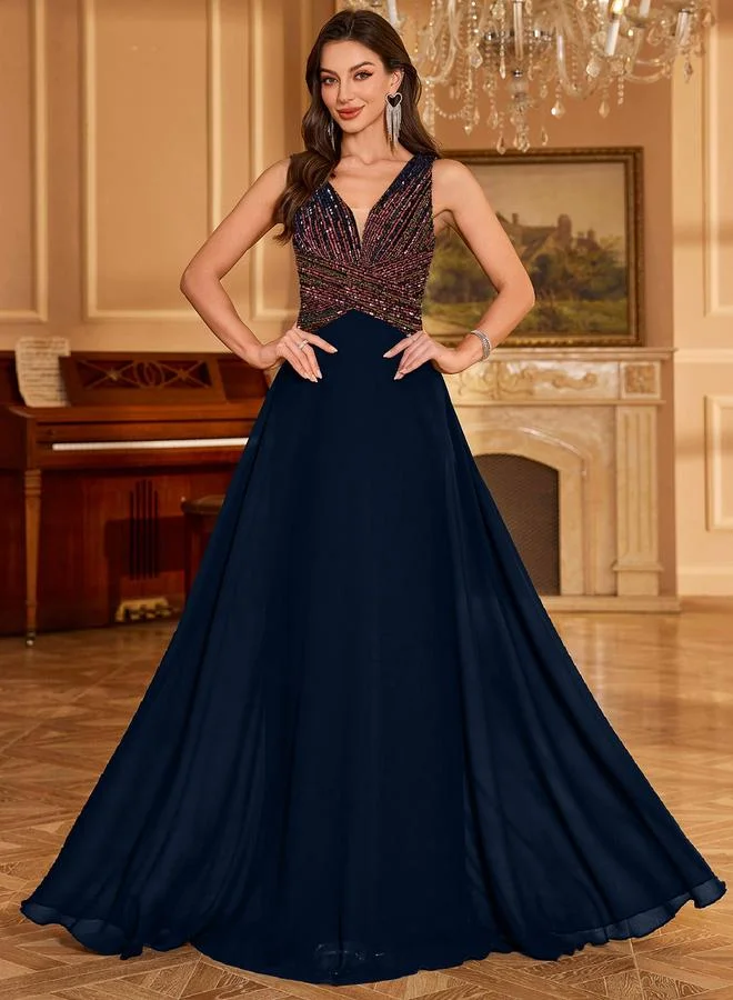 يونيت هورس Navy Blue Sequin A-Line Maxi Evening Dress