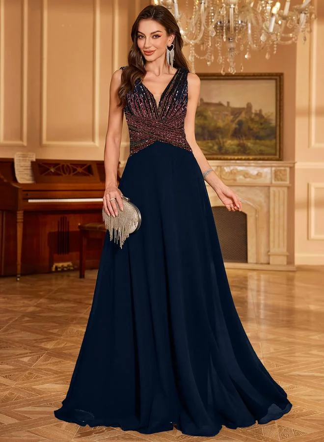 يونيت هورس Navy Blue Sequin A-Line Maxi Evening Dress