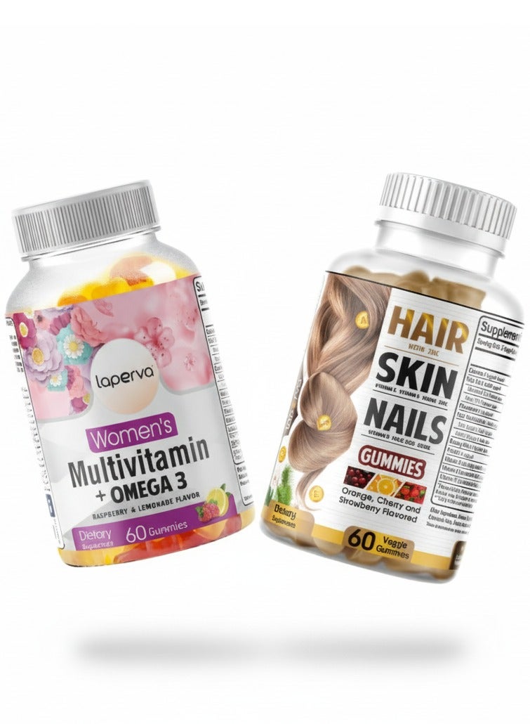 Laperva Beautifying Combo Hair, Skin, & Nails Gummies + Women’s Multivitamin + Omega-3 (Raspberry & Lemonade) – 60 Gummies Each | Boost Beauty & Vitality - Image 1