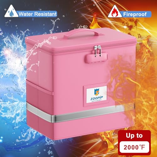 ZOOPIP Fireproof File Box with Lock Document Box Storage Organizer Suitable for Hanging File Folders in Letter Size Collapsible File Box Reflective Strip for Fast Find 1226102 Pink - Image 3
