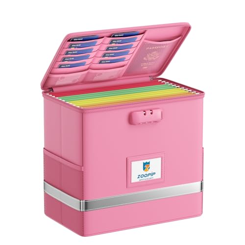 ZOOPIP Fireproof File Box with Lock Document Box Storage Organizer Suitable for Hanging File Folders in Letter Size Collapsible File Box Reflective Strip for Fast Find 1226102 Pink - Image 1