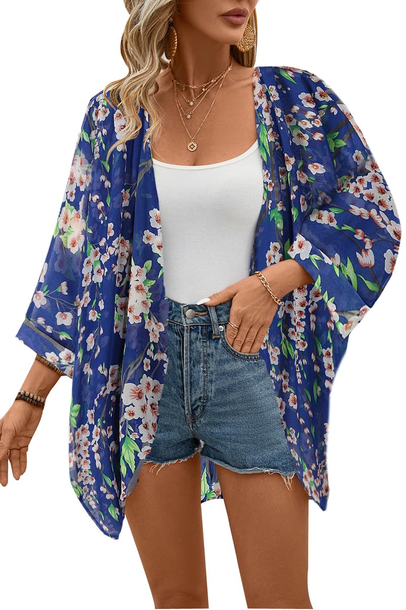 olrain Women's Floral Print Sheer Chiffon 3/4 Bat Sleeve Casual Loose Kimono Cardigan Capes (X-Large, Blue) - Image 1
