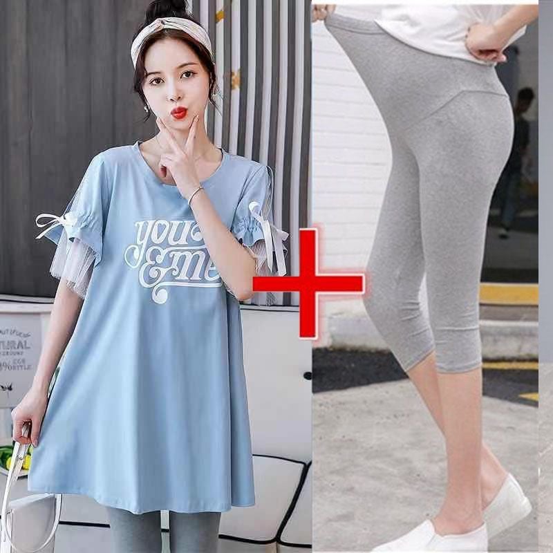 New Pregnant Womens Summer Half-sleeved T-shirt suit Korean Pregnant Womens Spring Mid-length Top dress Two-piece Set 834 blue shirt gray 7 pants [suit]]