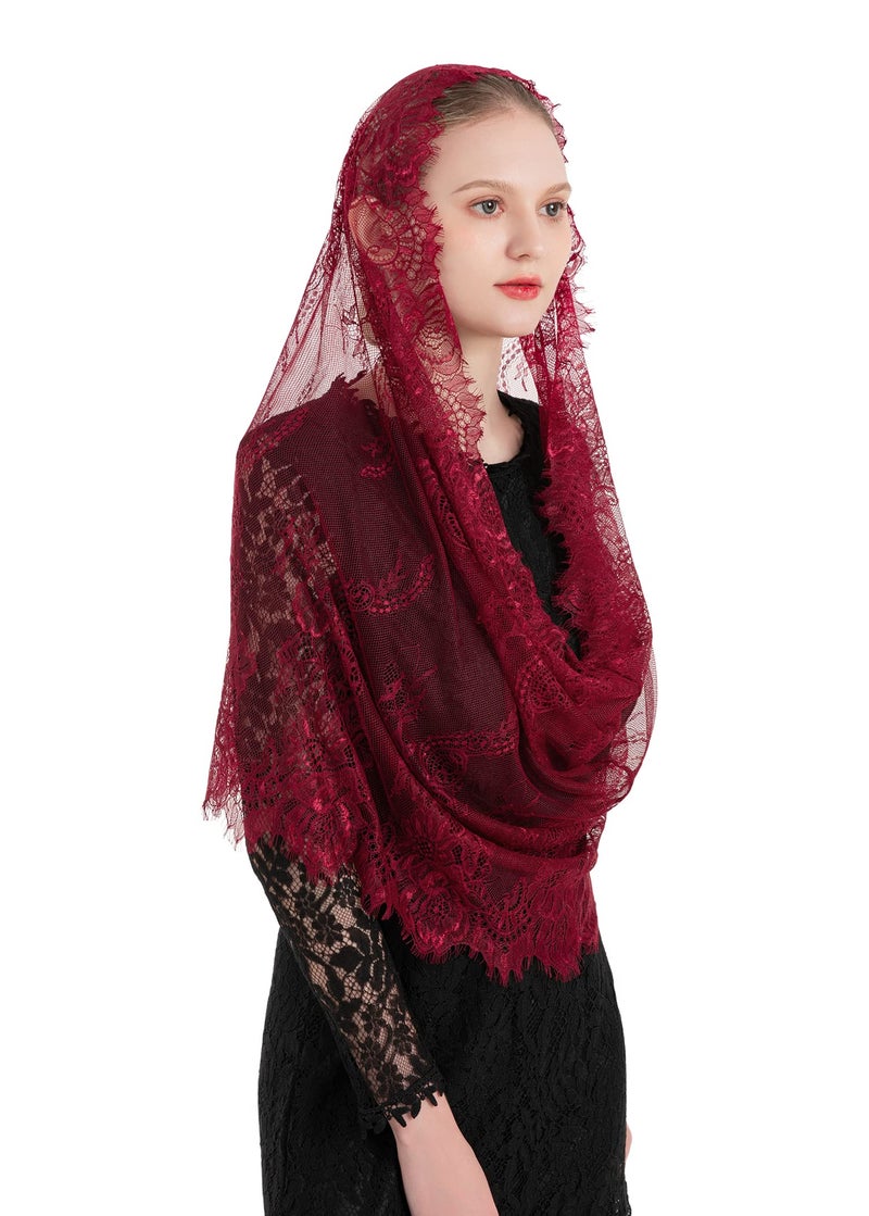 PAMOR Spanish Style Lace Traditional Vintage Inspired Infinity Shape Mantilla Veil Latin Mass Head Covering (Burgundy) - Image 1