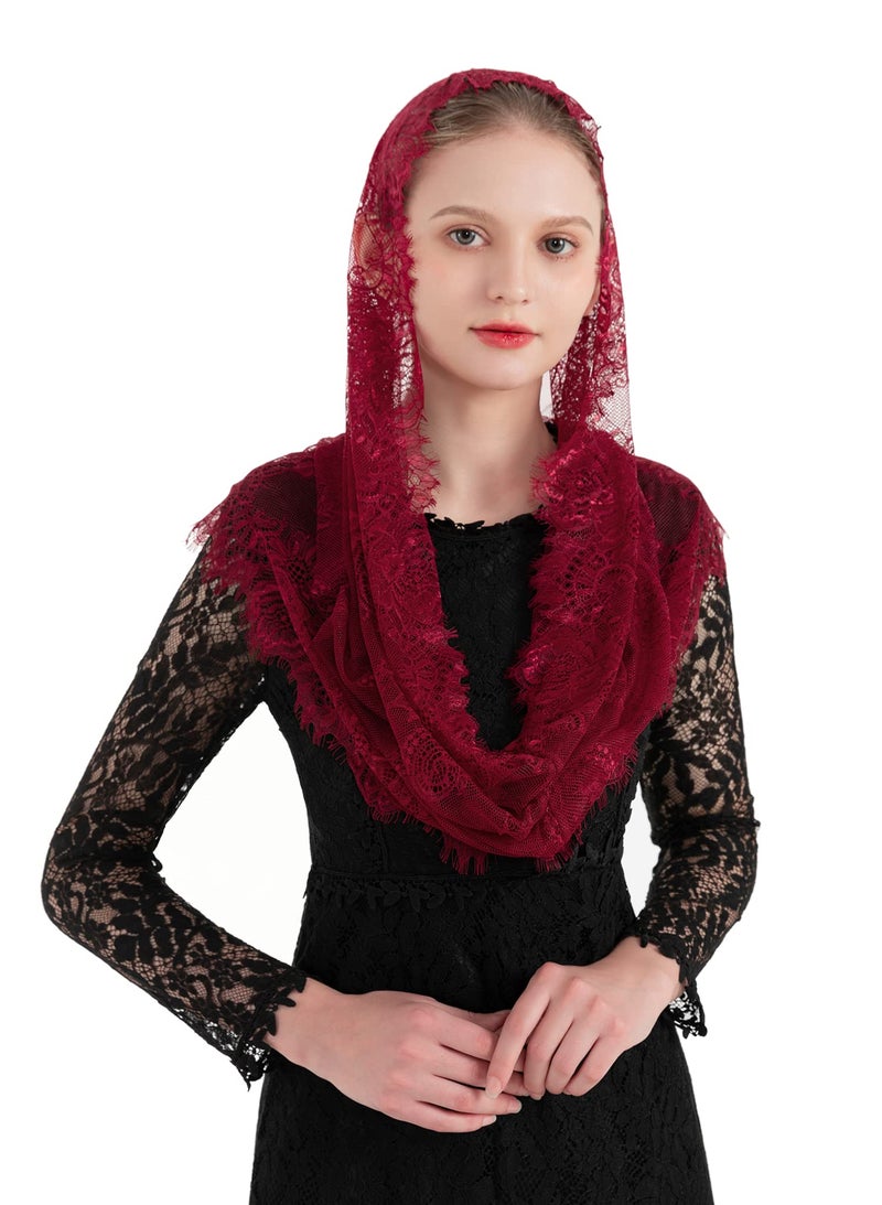 PAMOR Spanish Style Lace Traditional Vintage Inspired Infinity Shape Mantilla Veil Latin Mass Head Covering (Burgundy) - Image 4