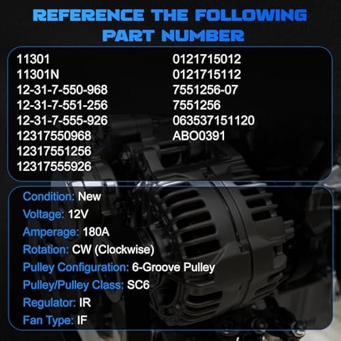 YOMALL Alternator 11301 for 2007-2008 328xi 3.0L, for 2006 330i 3.0L, for 2006 330xi 3.0L, for 2008-2010 528i 3.0L, for 2009-2010 528i xDrive 3.0L, for 2008 528xi 3.0L, for 2007-2010 X3 & X5 3.0L - Image 3