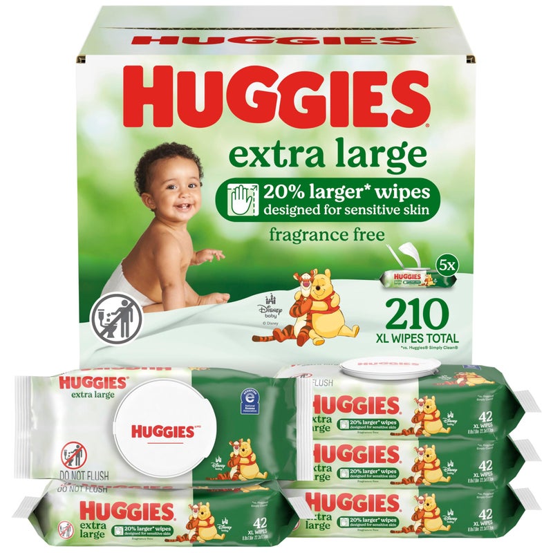 Huggies Extra Large Baby Wipes, Unscented, 5 Flip-Top Packs, 210 XL Wipes Total, Packaging May Vary - Image 1