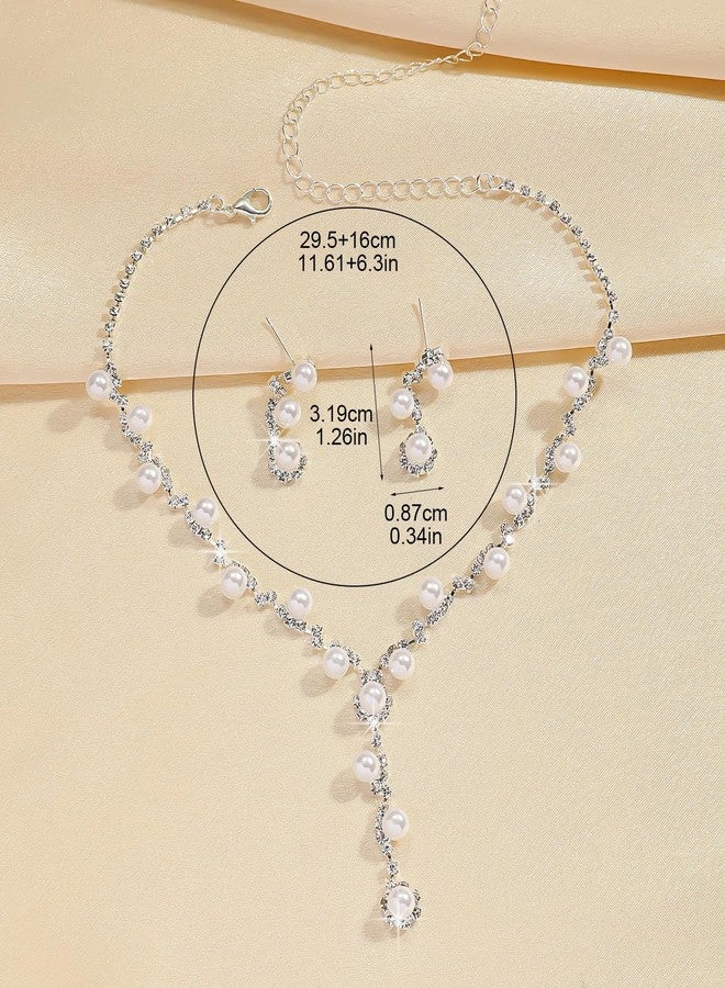 FUTIMELY Sparkling Rhinestone Pearls Jewelry Set for Women,Dainty Pearl Beaded Y Necklace Crystal Drop Dangle Earrings Trendy Wedding Necklace Earrings (Pearl) - Image 5