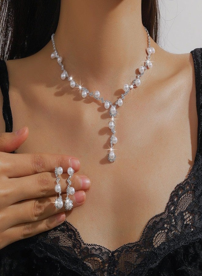 FUTIMELY Sparkling Rhinestone Pearls Jewelry Set for Women,Dainty Pearl Beaded Y Necklace Crystal Drop Dangle Earrings Trendy Wedding Necklace Earrings (Pearl) - Image 2