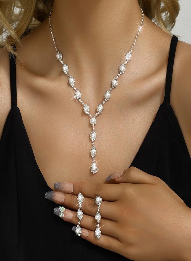 FUTIMELY Sparkling Rhinestone Pearls Jewelry Set for Women,Dainty Pearl Beaded Y Necklace Crystal Drop Dangle Earrings Trendy Wedding Necklace Earrings (Pearl) - Image 3