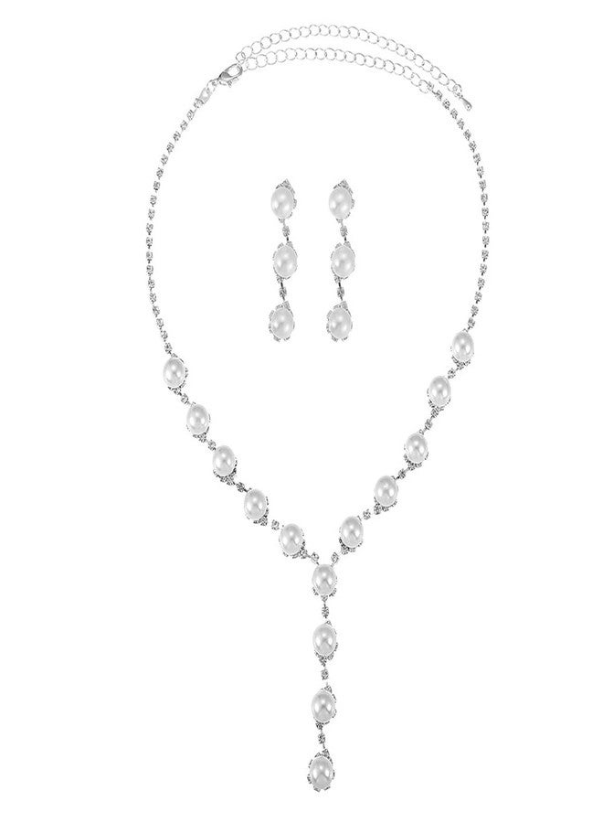 FUTIMELY Sparkling Rhinestone Pearls Jewelry Set for Women,Dainty Pearl Beaded Y Necklace Crystal Drop Dangle Earrings Trendy Wedding Necklace Earrings (Pearl) - Image 1