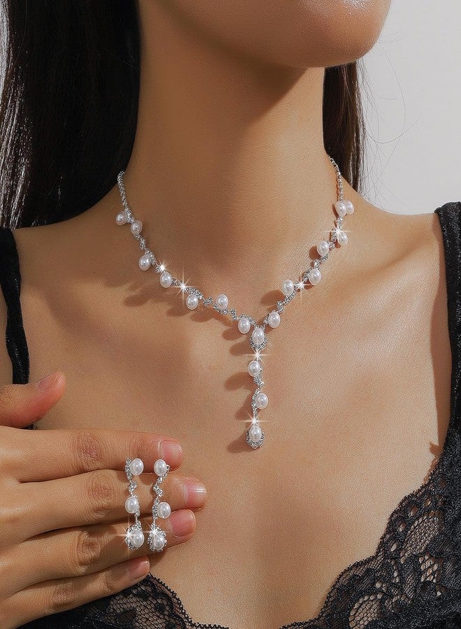 FUTIMELY Sparkling Rhinestone Pearls Jewelry Set for Women,Dainty Pearl Beaded Y Necklace Crystal Drop Dangle Earrings Trendy Wedding Necklace Earrings (Pearl) - Image 4