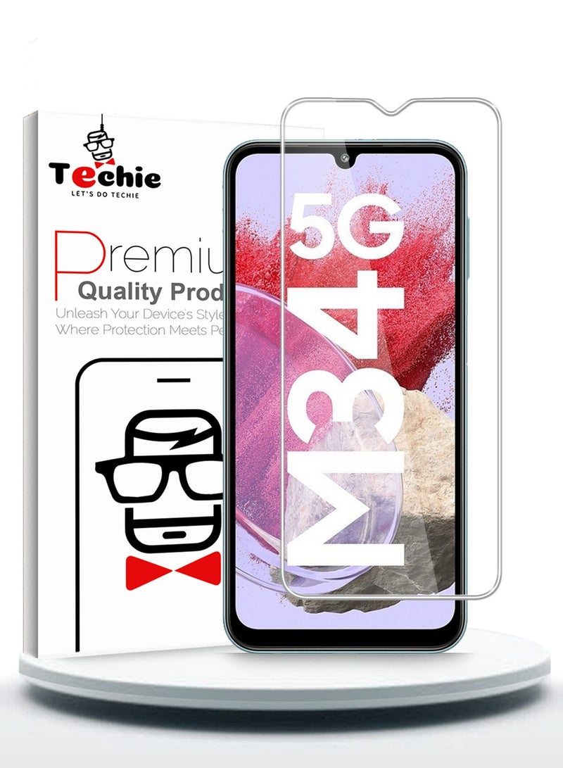 Techie حماية شاشة من الزجاج المقسى HD لجهاز سامسونج جالاكسي M34 5G 2023 - مضاد للتأثيرات مضاد للفقاعات صلابة 9H سمك 0.33 مم حواف مدورة تركيب سهل - Image 1
