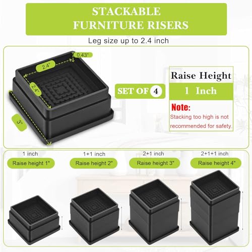 Yookwutar 4 Pack Furniture Risers 1 Inch, Adjustable Bed Risers Heavy Duty for Table Desk Couch Chair Sofa Cabinet Bed Frame Dorm, Square Stackable Table Leg Risers Lift Height 1", 2" or 3", Black - Image 2