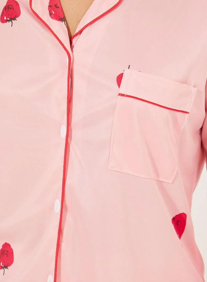 Take Two Strawberry Print Pocket Detail Shirt & Pyjama Set
