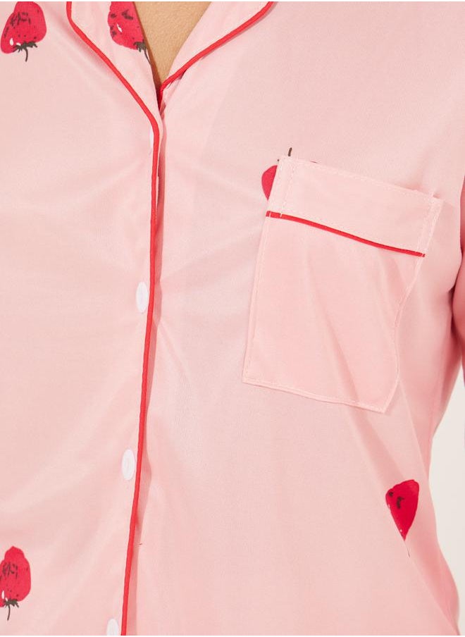 Take Two Strawberry Print Pocket Detail Shirt & Pyjama Set  - Image 3