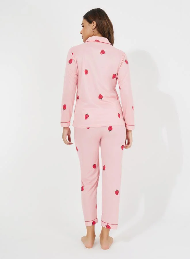 Take Two Strawberry Print Pocket Detail Shirt & Pyjama Set