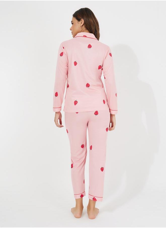 Take Two Strawberry Print Pocket Detail Shirt & Pyjama Set  - Image 4