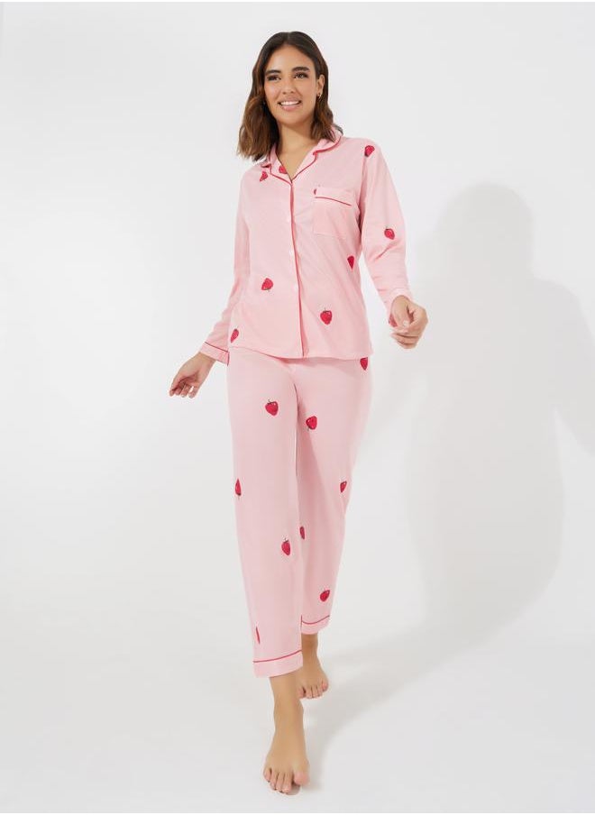 Strawberry Print Pocket Detail Shirt & Pyjama Set - pzsku/Z3D5C0538D8AC42DBE63BZ/45/_/1723796123/ffacf394-cf6d-4b11-9aaf-49d02e06c9c3