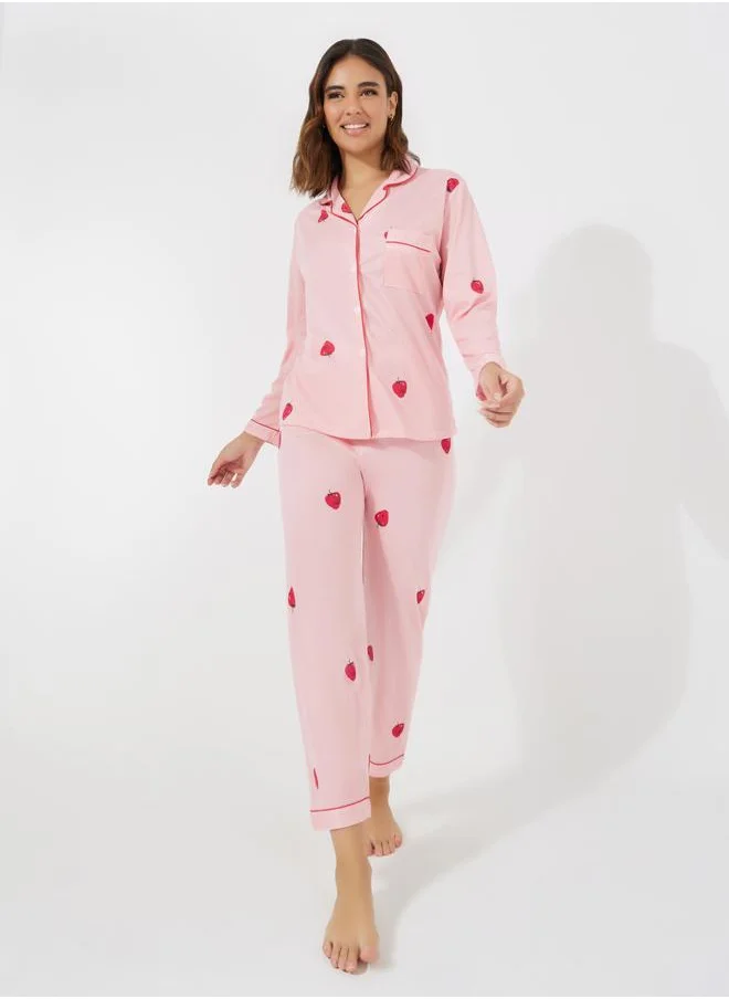 Styli Strawberry Print Pocket Detail Shirt & Pyjama Set