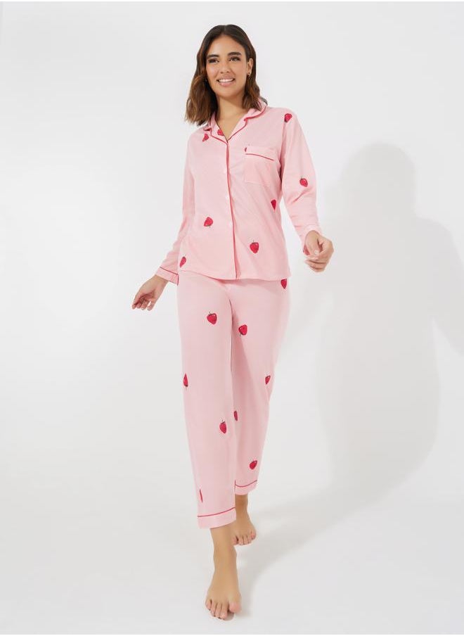 Take Two Strawberry Print Pocket Detail Shirt & Pyjama Set  - Image 1