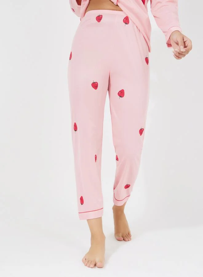 Take Two Strawberry Print Pocket Detail Shirt & Pyjama Set