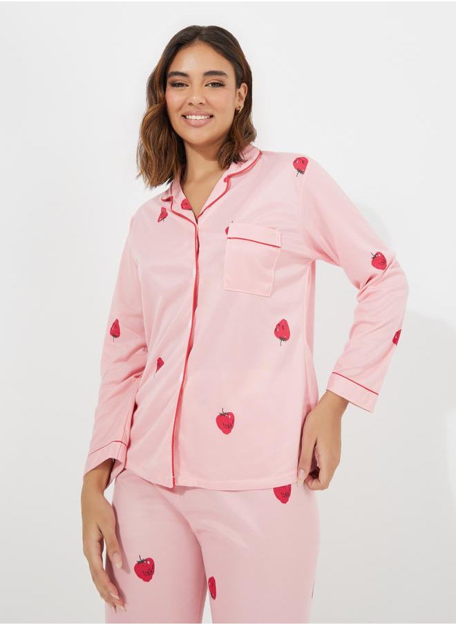 Take Two Strawberry Print Pocket Detail Shirt & Pyjama Set  - Image 2