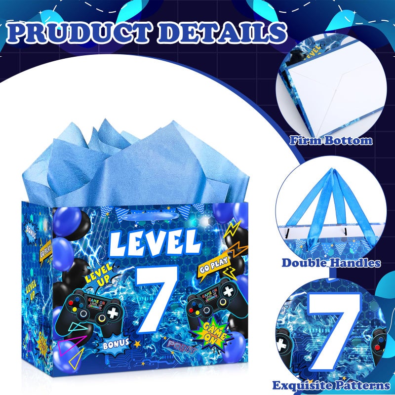 LUUFILx Video Game 7th Birthday Gift Bags Blue Gamer 7th Birthday Gift Wrapping Bag Swith Handle Gaming Level Up 7 Goody Bag with Tissue Paper and Greeting Card for Boys Girls 7 Years Old Party Decor ï»¿ - Image 5