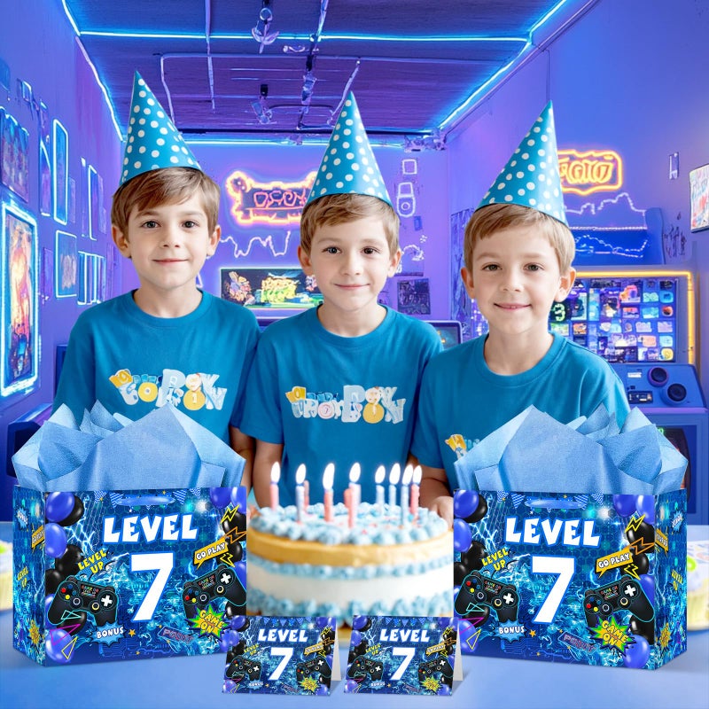 LUUFILx Video Game 7th Birthday Gift Bags Blue Gamer 7th Birthday Gift Wrapping Bag Swith Handle Gaming Level Up 7 Goody Bag with Tissue Paper and Greeting Card for Boys Girls 7 Years Old Party Decor ï»¿ - Image 4