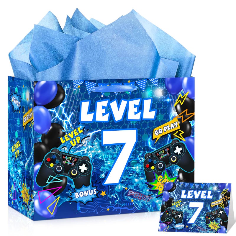 LUUFILx Video Game 7th Birthday Gift Bags Blue Gamer 7th Birthday Gift Wrapping Bag Swith Handle Gaming Level Up 7 Goody Bag with Tissue Paper and Greeting Card for Boys Girls 7 Years Old Party Decor ï»¿ - Image 1