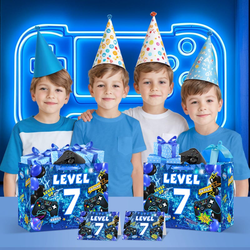 LUUFILx Video Game 7th Birthday Gift Bags Blue Gamer 7th Birthday Gift Wrapping Bag Swith Handle Gaming Level Up 7 Goody Bag with Tissue Paper and Greeting Card for Boys Girls 7 Years Old Party Decor ï»¿ - Image 3