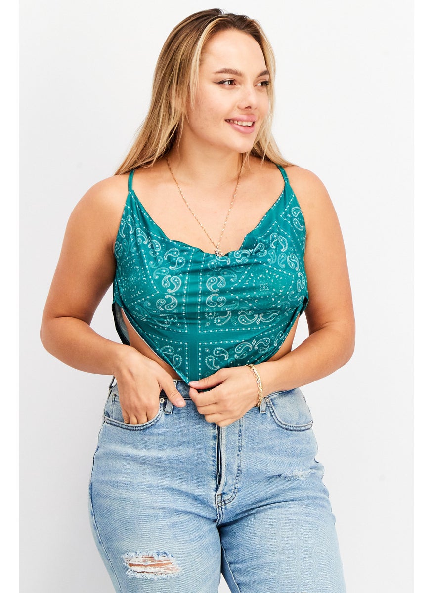 PUBLIC DESIRE Women Cowl Neck Sleeveless Paisley Print Crop Top, Green  - Image 1