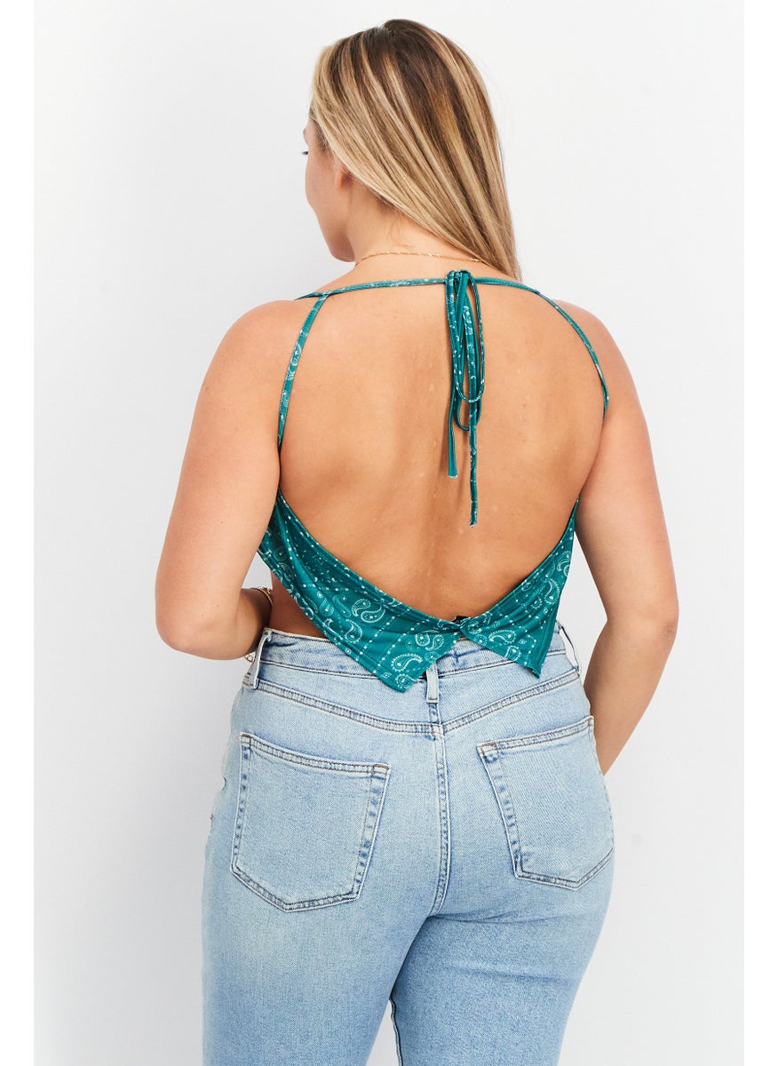PUBLIC DESIRE Women Cowl Neck Sleeveless Paisley Print Crop Top, Green  - Image 3
