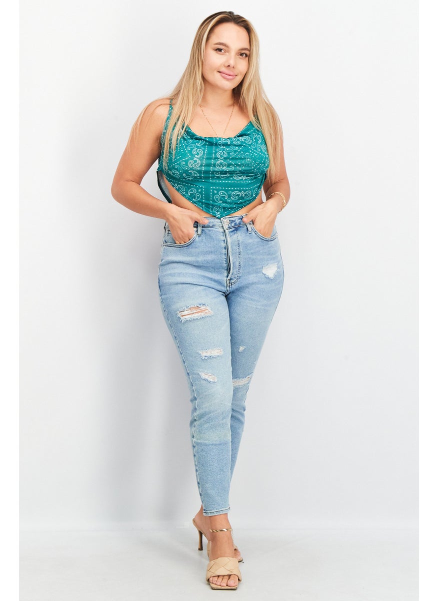 PUBLIC DESIRE Women Cowl Neck Sleeveless Paisley Print Crop Top, Green  - Image 4