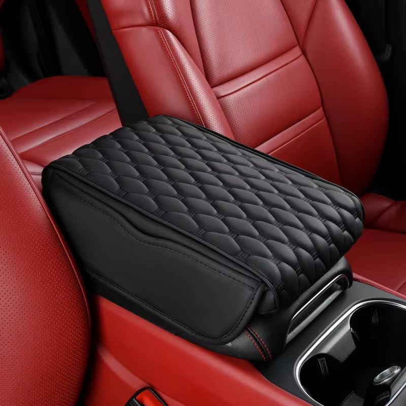YOURKARTS.COM YOURKARTS.COM Car Center Console Armrest Cover Pad with Mobile Pocket Universal Arm Rest Cushion for Cars & SUVs, Anti-Slip Seat Box Protector, Car Accessory (Black Quilted Design) - Image 1