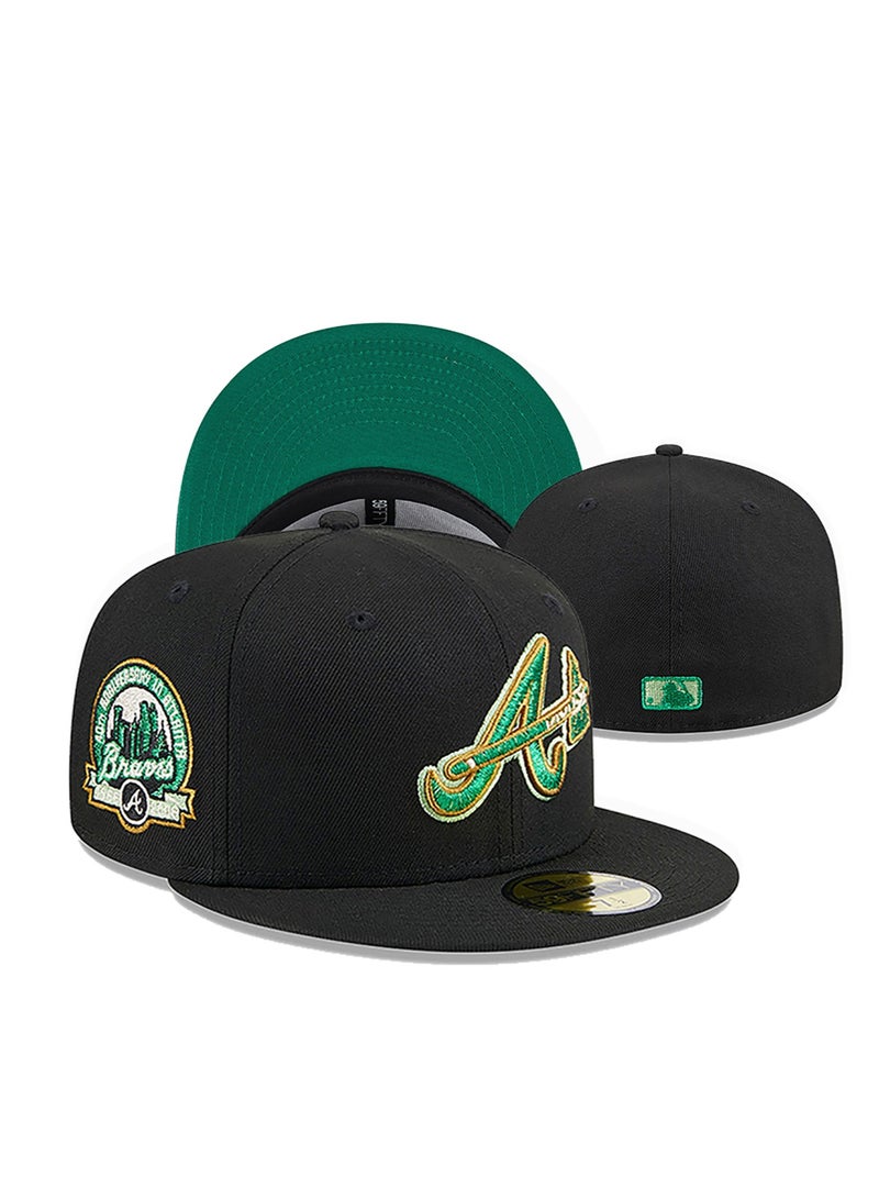 NEW ERA Atlanta Braves Black Fitted Hat - Green Logo Embroidery-57.7cm 