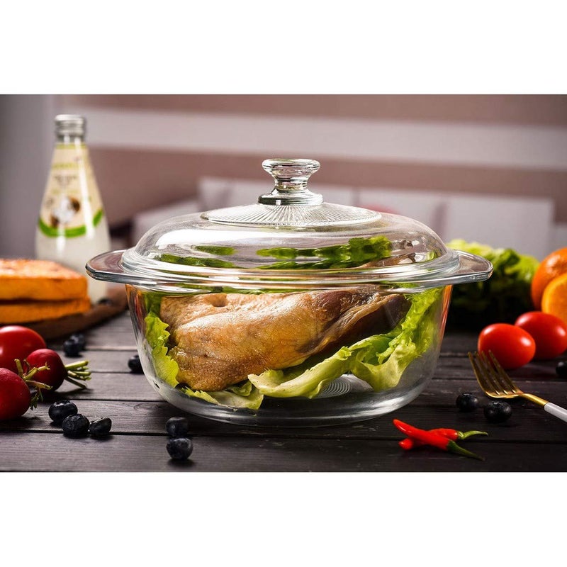 ARUZEN 1 Liter Glass Casserole Deep Round Oven and Microwave Safe Serving Bowl with Glass Lid 1000 ML - Image 1