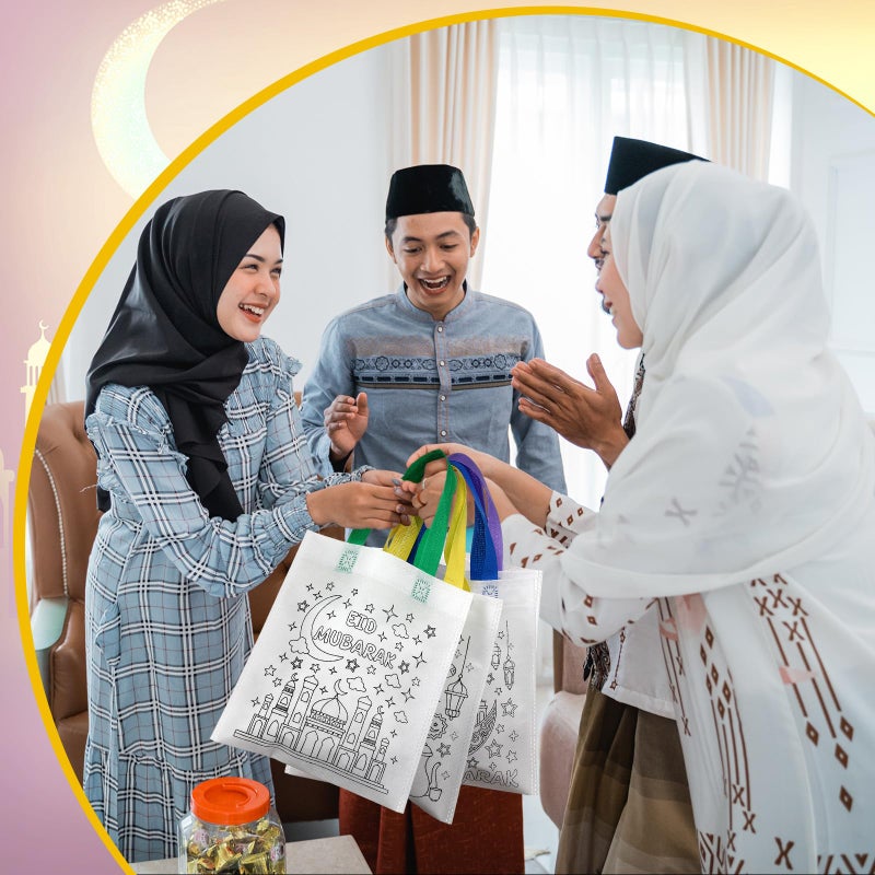 Saypacck 48 Pcs Ramadan Coloring Goodie Bags Bulk with Paint Pens Color Your Own Eid Mubarak Gift Bags Ramadan Crafts Reusable Canvas Bag for Eid Mubarak Home Activities Party Favors(Classic) - Image 5
