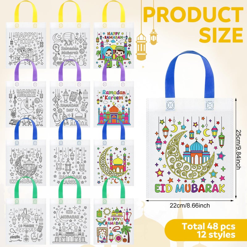 Saypacck 48 Pcs Ramadan Coloring Goodie Bags Bulk with Paint Pens Color Your Own Eid Mubarak Gift Bags Ramadan Crafts Reusable Canvas Bag for Eid Mubarak Home Activities Party Favors(Classic) - Image 2