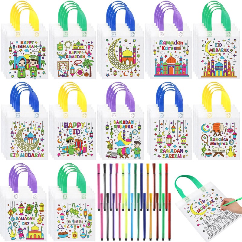 Saypacck 48 Pcs Ramadan Coloring Goodie Bags Bulk with Paint Pens Color Your Own Eid Mubarak Gift Bags Ramadan Crafts Reusable Canvas Bag for Eid Mubarak Home Activities Party Favors(Classic) - Image 1