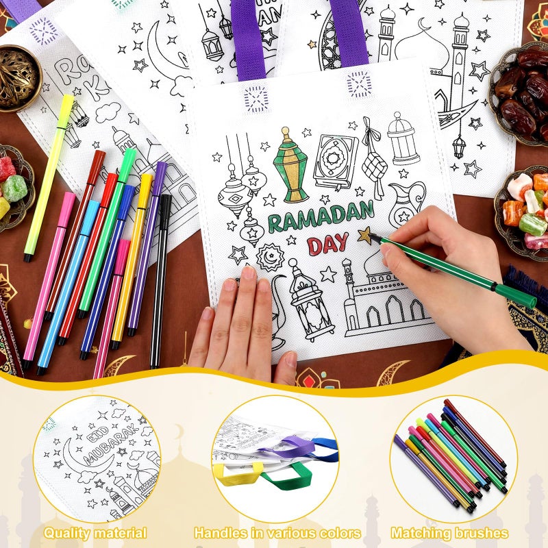 Saypacck 48 Pcs Ramadan Coloring Goodie Bags Bulk with Paint Pens Color Your Own Eid Mubarak Gift Bags Ramadan Crafts Reusable Canvas Bag for Eid Mubarak Home Activities Party Favors(Classic) - Image 3