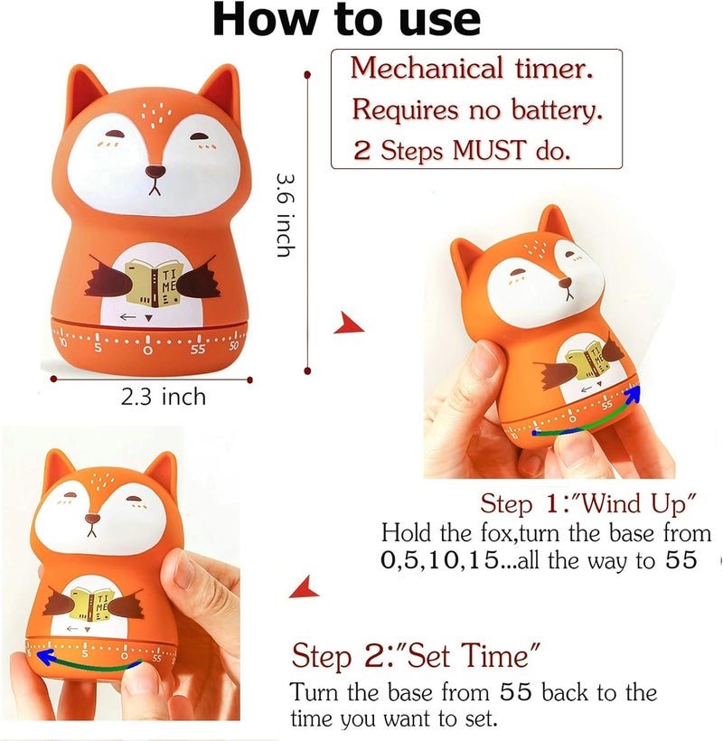 NUOSWEK Mechanical Kitchen Timer, Cute Animal Wind Up 60 Minutes Manual Countdown for Kids, Classroom, Home, Study and Cooking (Orange Fox) - Image 2
