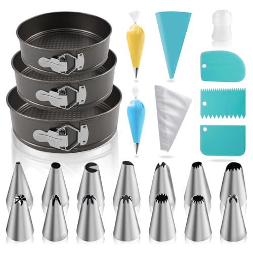 Yumatouch 122PCs Cake Pan Sets for Baking 789 Inch Round Cake Pans Nonstick Springform Cake Pans Cheesecake Baking Pans with 100 Pcs Piping Bags 16 Pcs Nozzles 3 Pcs Scrappers - Image 1