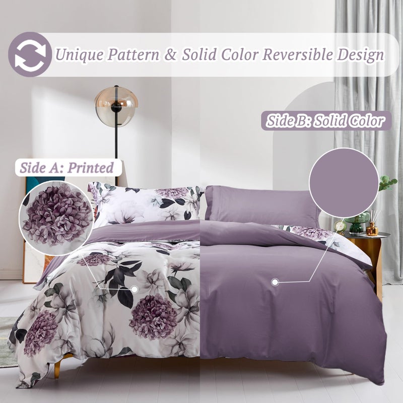 MILDLY 100% Long-Staple Cotton Duvet Cover Set Hydrangea Lotus Flower Pattern Printed Comforter Cover 3pcs, Ultra Soft & Breathable Bedding Set - Image 3