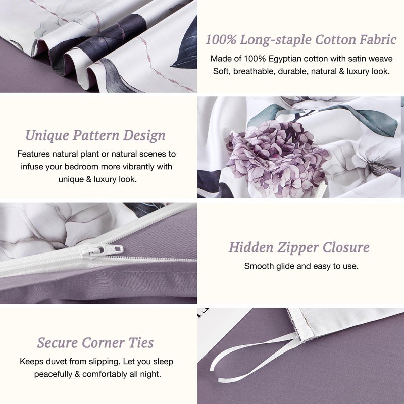 MILDLY 100% Long-Staple Cotton Duvet Cover Set Hydrangea Lotus Flower Pattern Printed Comforter Cover 3pcs, Ultra Soft & Breathable Bedding Set - Image 5
