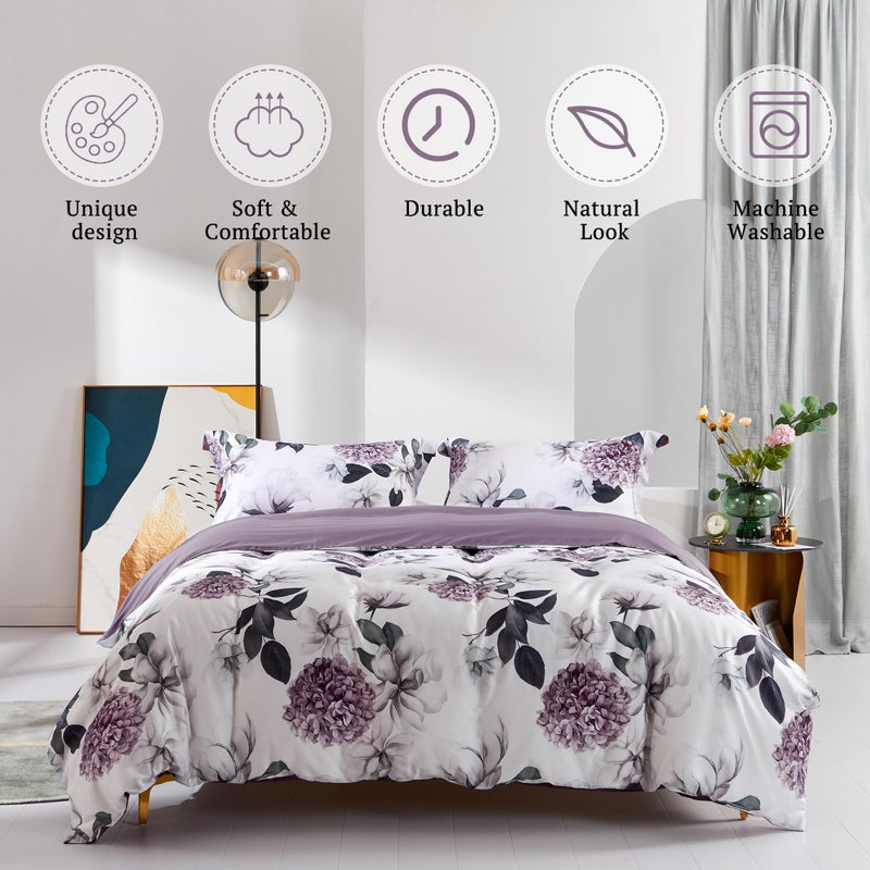 MILDLY 100% Long-Staple Cotton Duvet Cover Set Hydrangea Lotus Flower Pattern Printed Comforter Cover 3pcs, Ultra Soft & Breathable Bedding Set - Image 2