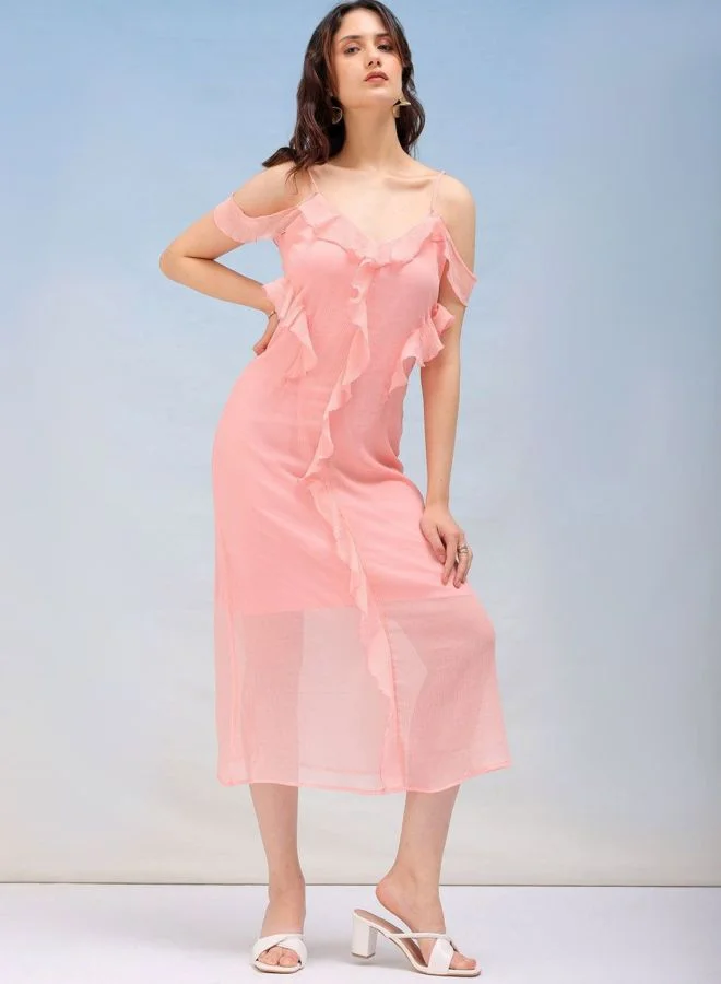 Women Fit and Flared Solid V-Neck Sleeveless Ruffle Dress